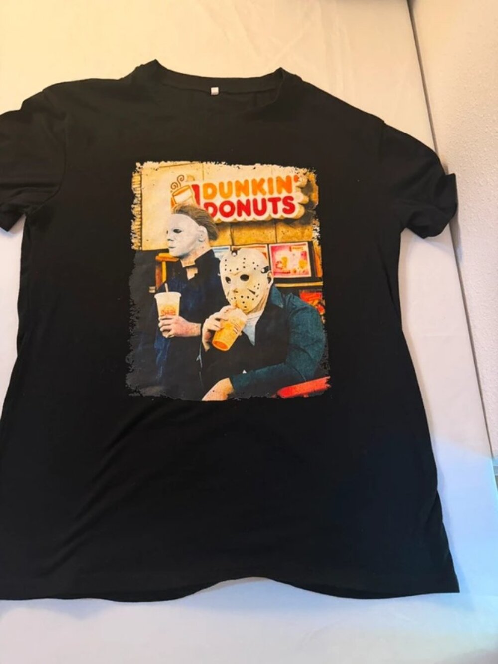Michael Myers Jason Voorhees Dunkin Donuts Halloween Black Graphic T-Shirt Small